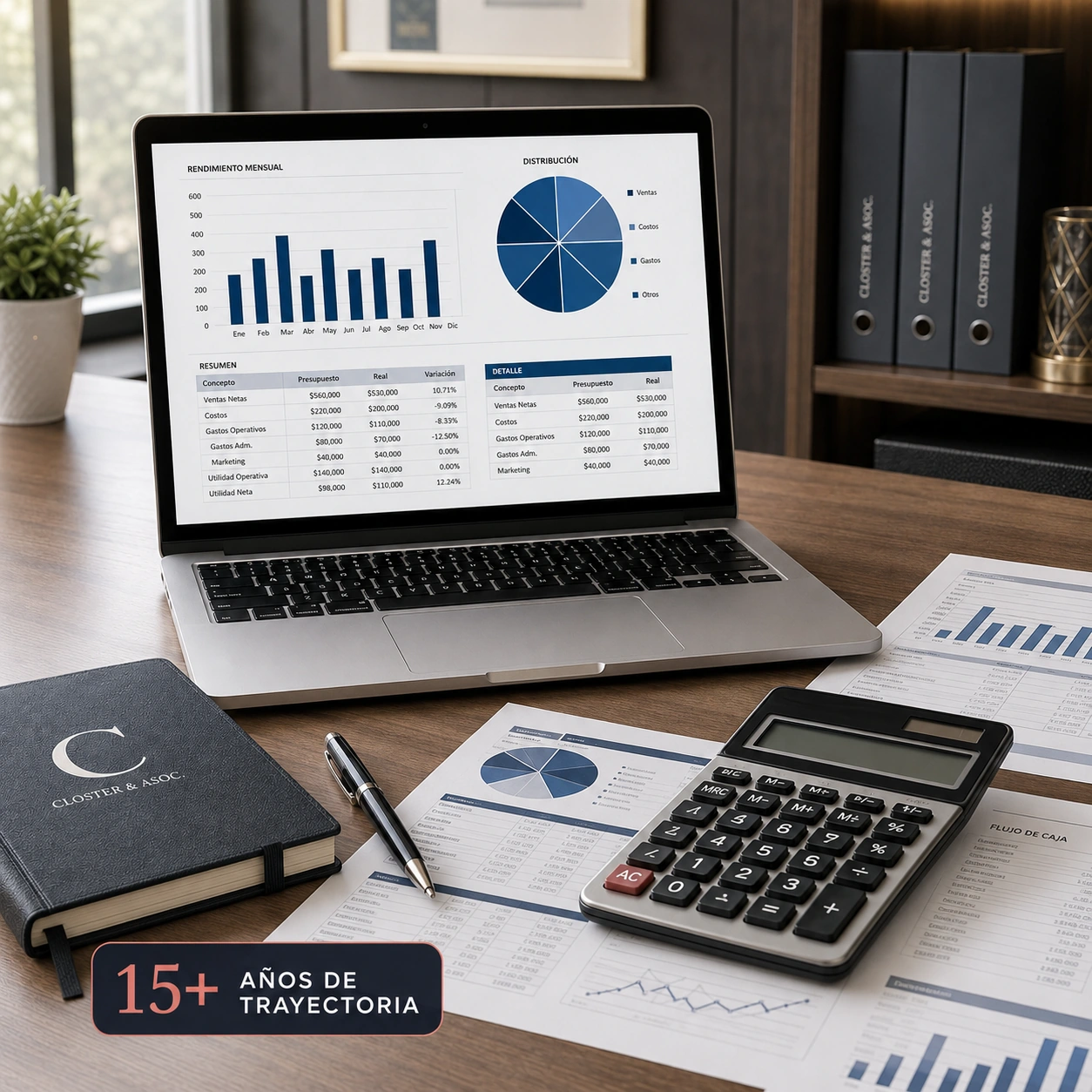 Escritorio contable ordenado con notebook, análisis financieros, calculadora, documentación y elementos institucionales